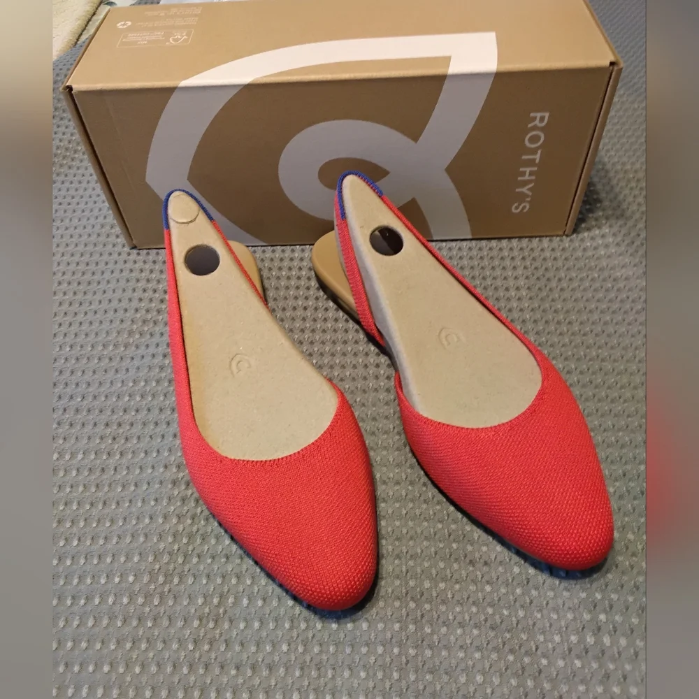 Rothy's Vibrant Red Flats with Blue Trim ""Lollipop Red"" - Picture 1 of 5